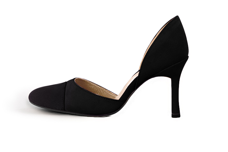 Matt black women's open arch dress pumps. Round toe. Very high slim heel. Profile view - Florence KOOIJMAN